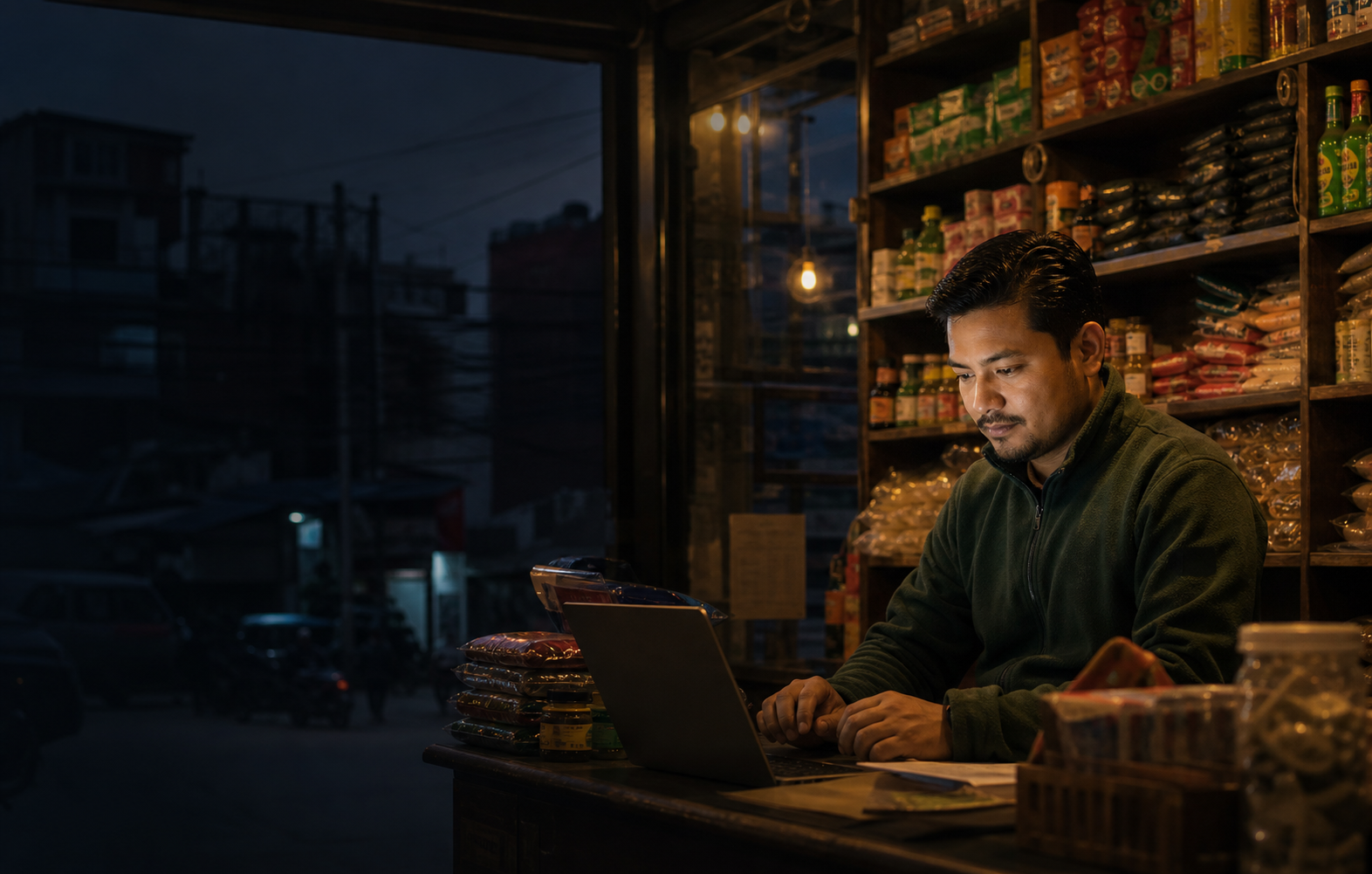 Merchant reviewing orders in an evening shop workspace