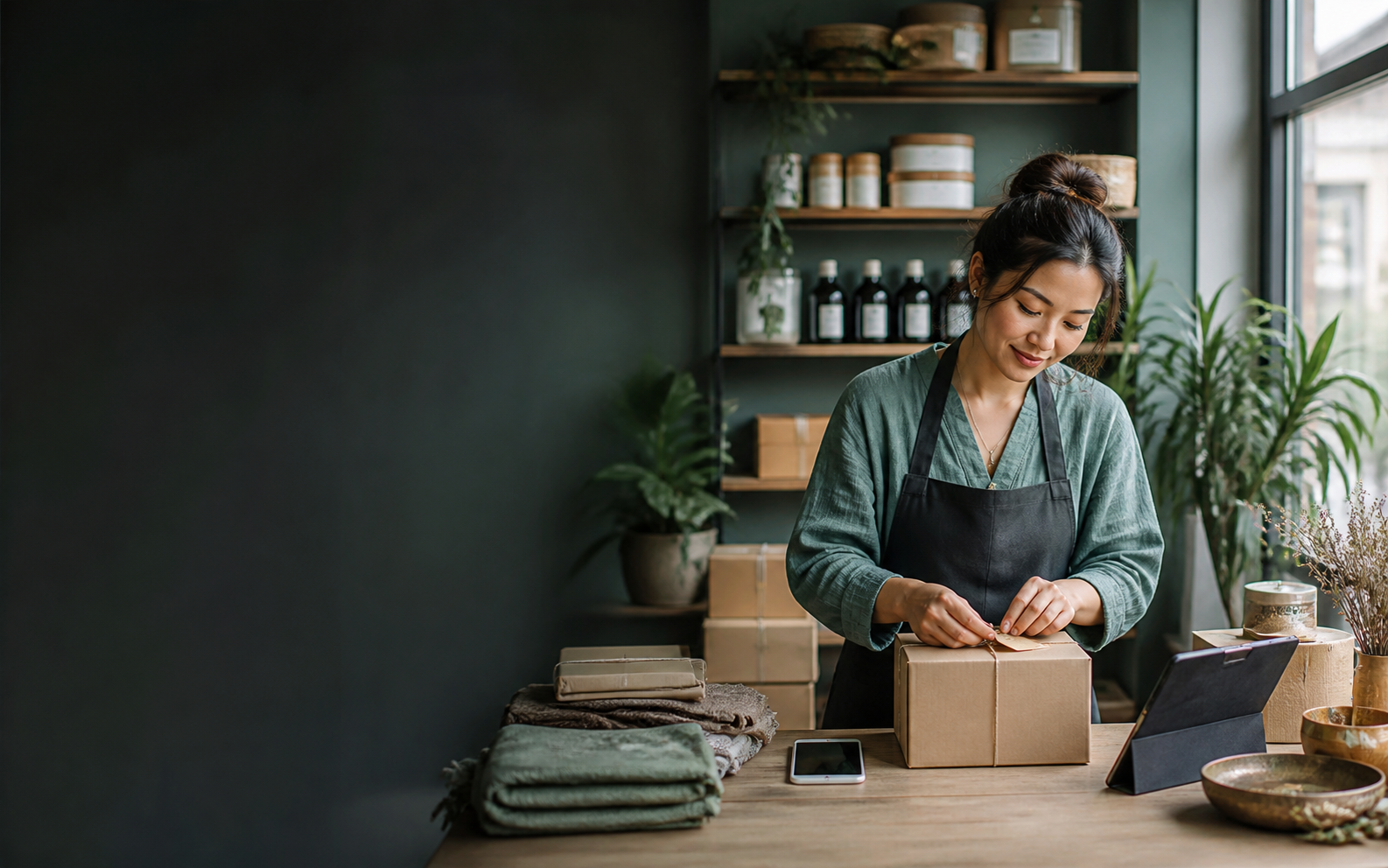 Merchant packing online store orders in a studio workspace