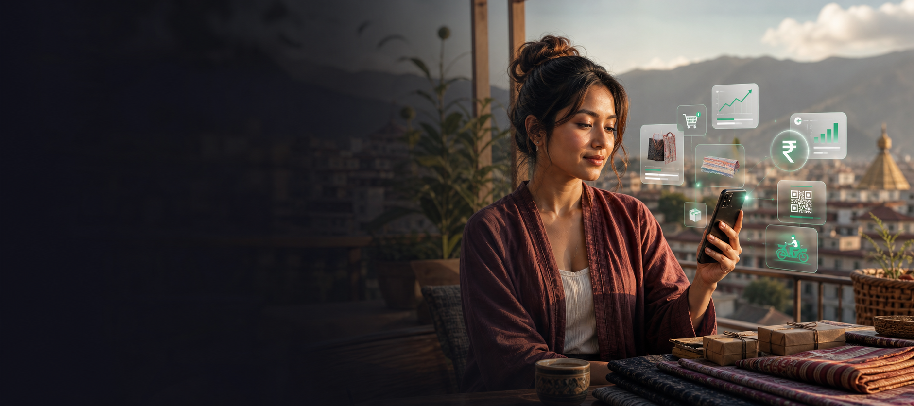 Woman merchant accepting mobile orders and tracking online sales from a flexible workspace